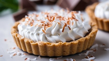 Delicious coconut cream pie with creamy filling on white kitchen background, copy space for textの素材