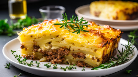 Delicious homemade ground beef cottage pie on blurred white kitchen background with copy spaceの素材