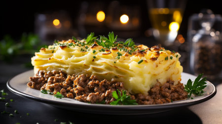 Appetizing ground beef cottage pie made with fresh ingredients on white kitchen backgroundの素材
