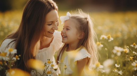 Mother and child sharing a special moment outdoors on blurred sunny day background. Happy mothers dayの素材