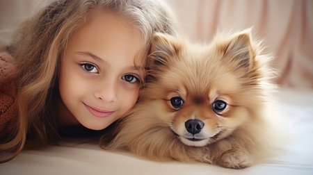 Child girl cuddling beloved family pet pomeranian spitz dog with copy space for textの素材