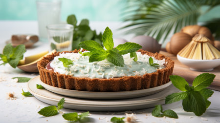 Delicious coconut cream pie with creamy filling and whipped cream on kitchen backgroundの素材