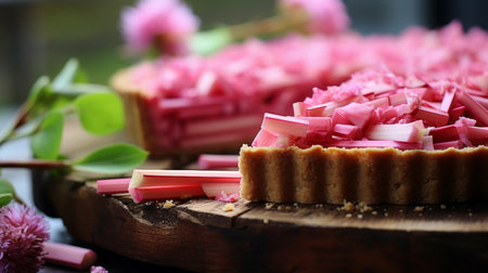 Fresh rhubarb pie on blurred white kitchen background, homemade tangy dessert with copy spaceの素材