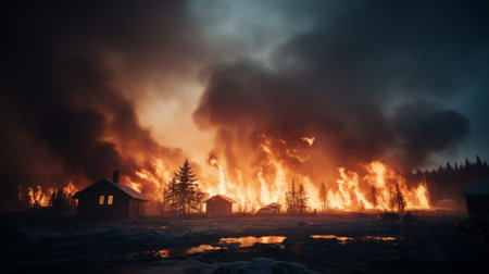 Devastating large-scale forest fire engulfs house, catastrophic natural disasterの素材