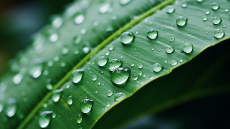 Exploring reflectivity of water droplets on leaf in blurred background with space for textの素材