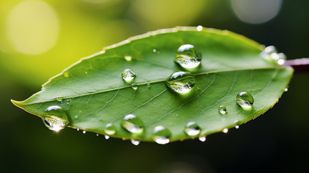 Discover the reflective beauty of water droplets on leaf and blurred background with copy spaceの素材