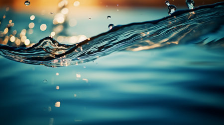 Close-up frozen water droplet splash into pool with blurred background, copy space availableの素材