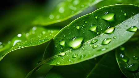 Discover the reflective beauty of water droplets on leaf with blurred background and space for textの素材
