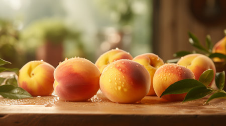 Macro shot of water droplets on juicy peach fruit with blurred background and space for textの素材