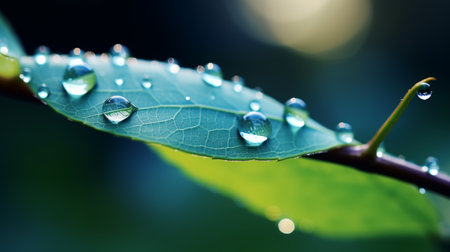 Explore the reflective beauty of water droplets on leaf with blurred background and space for textの素材