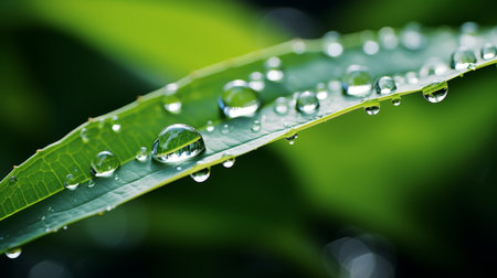 Exploring reflective water droplets on leaf with blurred defocused background, space for textの素材