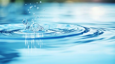 Freezing water droplet splashing into clean pool with copy space, blurred background visualの素材