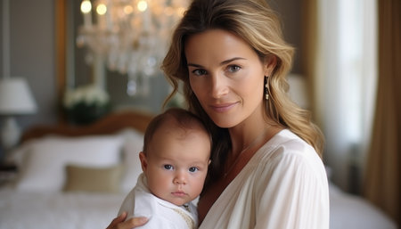Happy mother and adorable baby looking at camera with copy space on beautiful blurred backgroundの素材