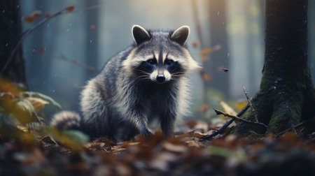 Raccoon in natural habitat, blurred background, copy space, wildlife and nature conceptの素材