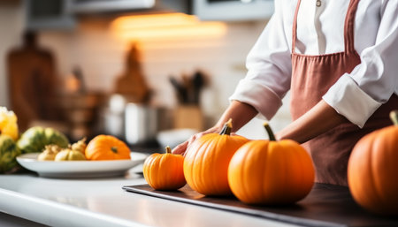Hands carving scary pumpkin for Halloween with copy space on blurred white kitchen backgroundの素材