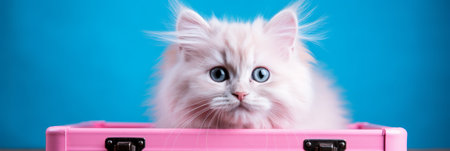 White cat with suitcase on blue background, travel concept banner with copy spaceの素材
