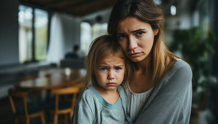 Sad mother and daughter looking at camera in kitchen with copy space on blurred backgroundの素材