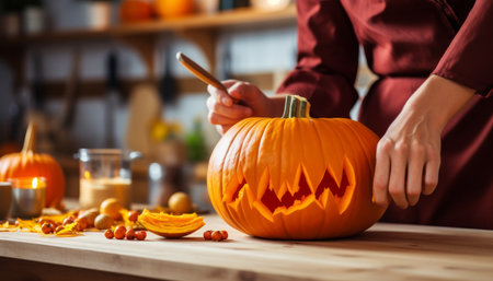 Hands carving scary pumpkin for halloween on blurred white kitchen background with copy spaceの素材