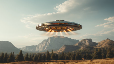 Ufo flying in sky with copy space, alien spaceship concept for science fiction backgroundの素材