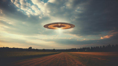 Flying ufo object in the sky with copy space for alien abduction or extraterrestrial conceptの素材