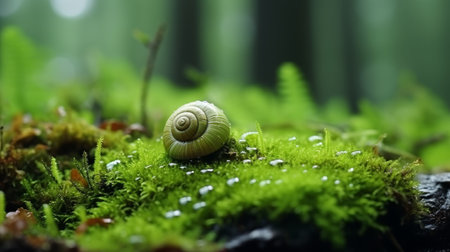 Macro close-up of snail in forest on blurred defocused background with copy spaceの素材