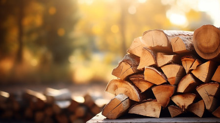 Stack of firewood on blurred background for forestry or winter heating concept, copy space availableの素材
