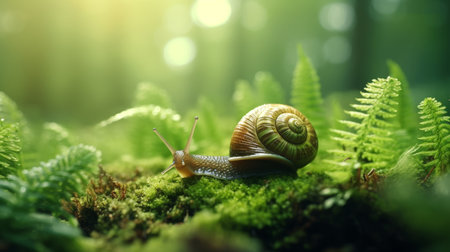 Close-up snail in forest, blurred background, copy space for text - nature photographyの素材