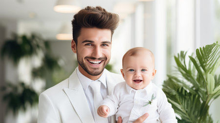 Heartwarming father and child moment in defocused white living room with copyspace. Happy fathers dayの素材