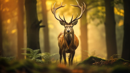 Beautiful deer standing in lush forest with copy space, blurred background for text overlayの素材