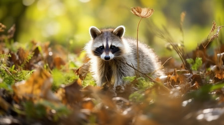 Adorable raccoon in its natural habitat with soft, blurred background and space for textの素材
