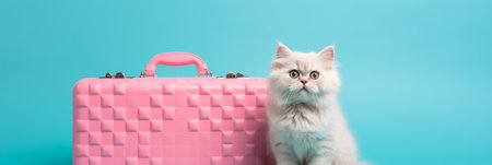 White cat with suitcase on blue background. Travel concept banner with copy space.の素材