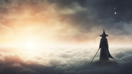 Spooky witch flying in night sky with copy space - halloween concept and scary fantasy sceneの素材