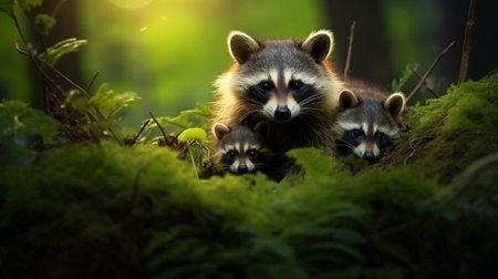 Raccoon family in forest habitat with blurred background for wildlife enthusiastsの素材