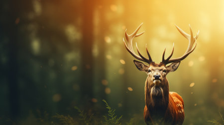 Majestic deer grazing in the blurred forest background with space for text, wildlife photographyの素材
