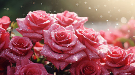 Stunning pink roses in lush garden setting with ample space for custom text or messagesの素材