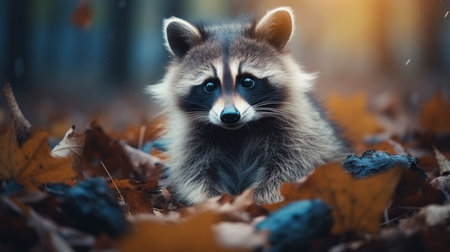 Raccoon in lush natural habitat with defocused background - wildlife photography with copy spaceの素材