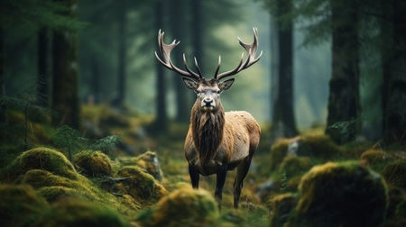 Majestic elk standing in beautiful blurred forest with ample space for adding text or graphicsの素材