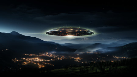 Ufo object flying in sky with copy space, alien spaceship for text and design, spacecraft in spaceの素材