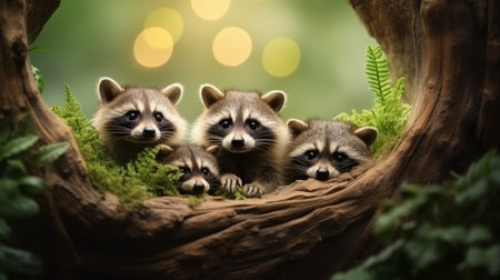 Raccoon family in natural habitat with copy space on forest background, wildlife themeの素材