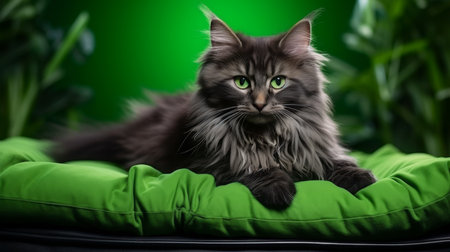 Adorable tabby cat resting on green chromakey backdrop with copy space for designの素材