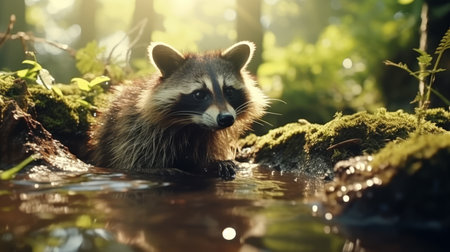 Cute raccoon in natural habitat with blurred background, perfect for text or captionの素材