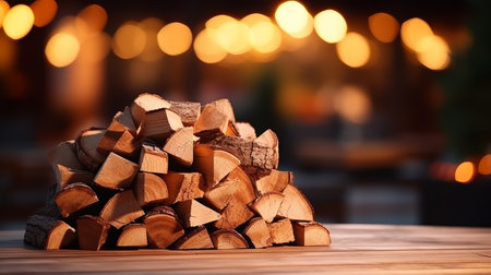 Pile of firewood on blurred defocused background with space for text and copy spaceの素材