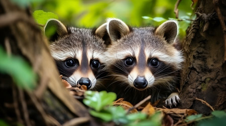 Adorable family of raccoons in lush natural habitat with blurred copy space backgroundの素材