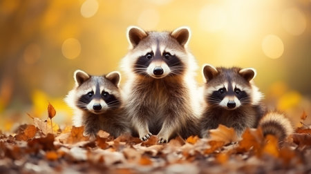 Adorable raccoon family in natural habitat on blurred background with ample space for text and copyの素材