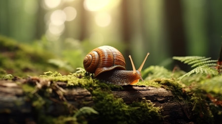 Macro close-up snail in forest on blurred defocused background with copy space for textの素材