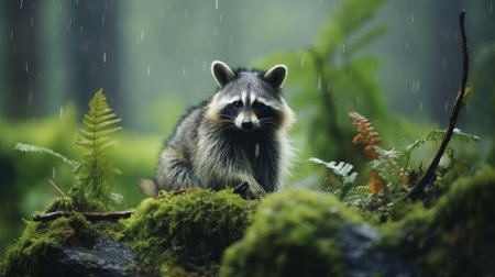 Raccoon in lush forest habitat with falling rain, blurred background, and space for textの素材