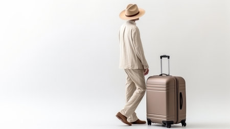 Man standing with a suitcase on plain background, travel concept with copy space for textの素材