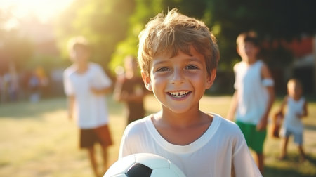 Young boy playing soccer with copyspace in defocused park background, active lifestyle concept. Footballの素材