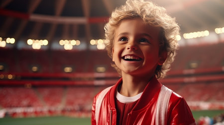 Cheerful young boy on blurred stadium background, football field, sport concept with space for textの素材