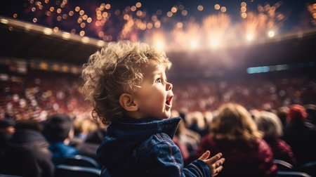 Surprised boy at blurred stadium background, copy space for text. Football sport conceptの素材